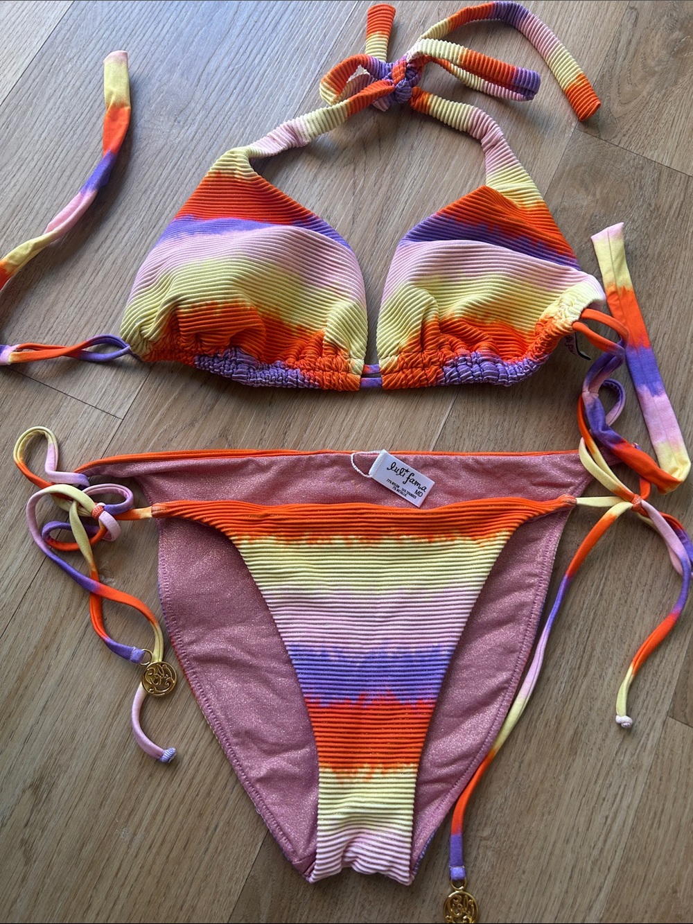 Luli Fama Tie Dye Triangle Bikini Set in Orange, Yellow, Pink & Purple